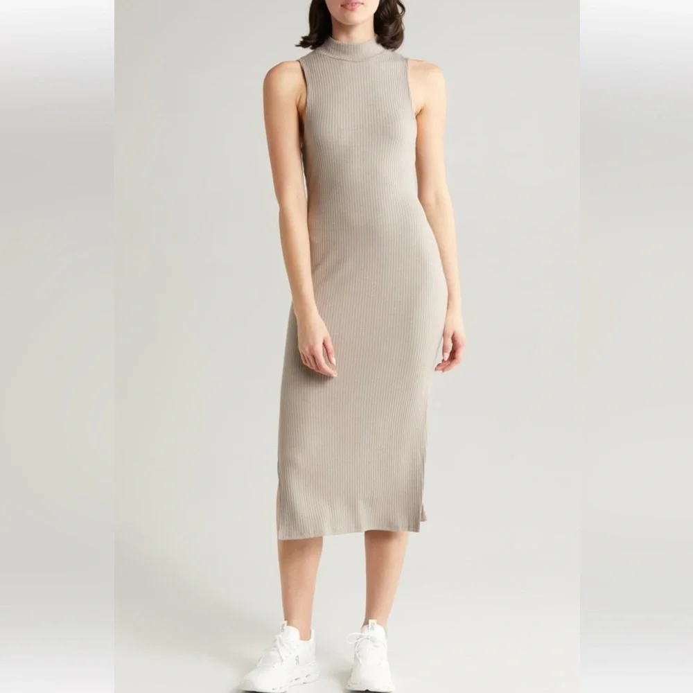Beyond Yoga Well Traveled Taupe Rib Knit Athleisure Midi Dress Sz Small - Picture 1 of 16